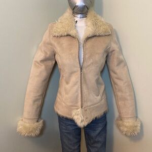 Chic Beige Faux Fur Bomber Jacket